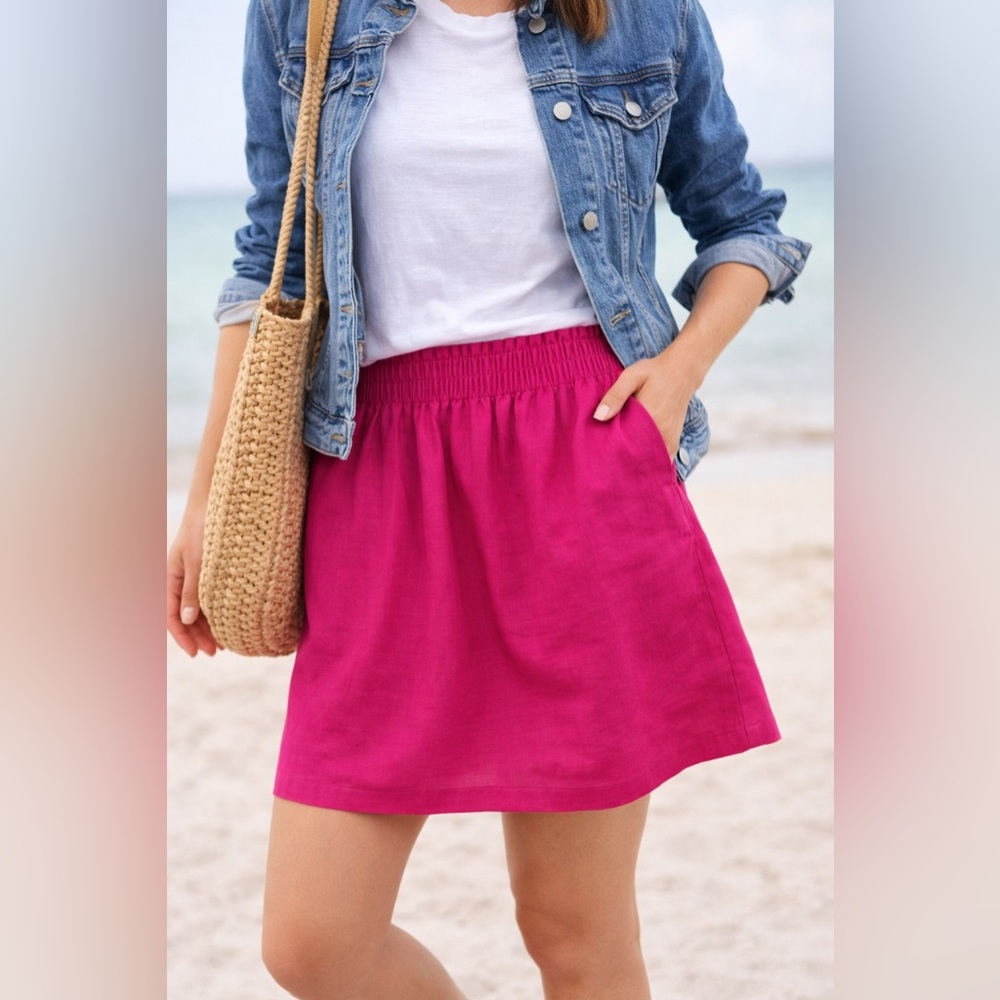 J.Crew Hot Pink Linen Blend Mini Skirt Elastic Waist Summer Skirt Size 4